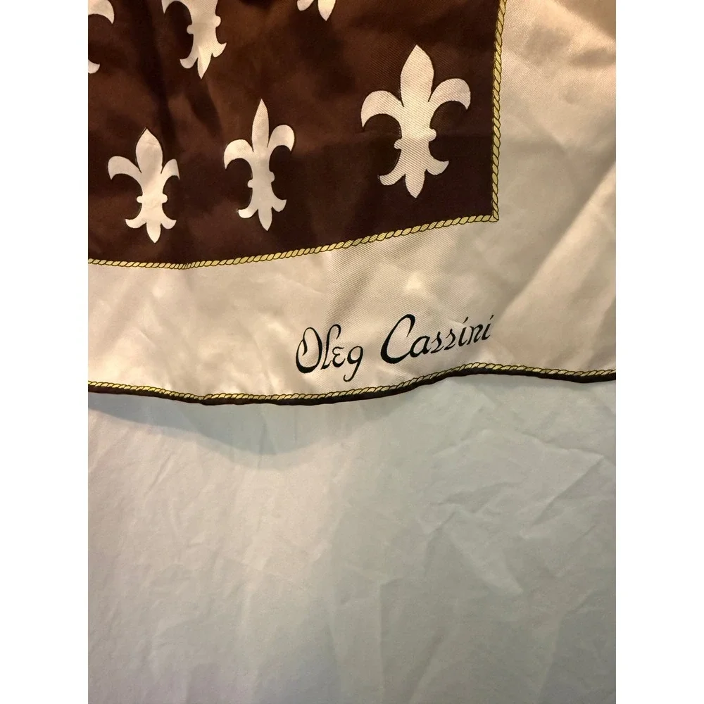 Oleg Cassini Vintage Silk Scarf Heraldic Crest Fleur De Lis Orange Brown White